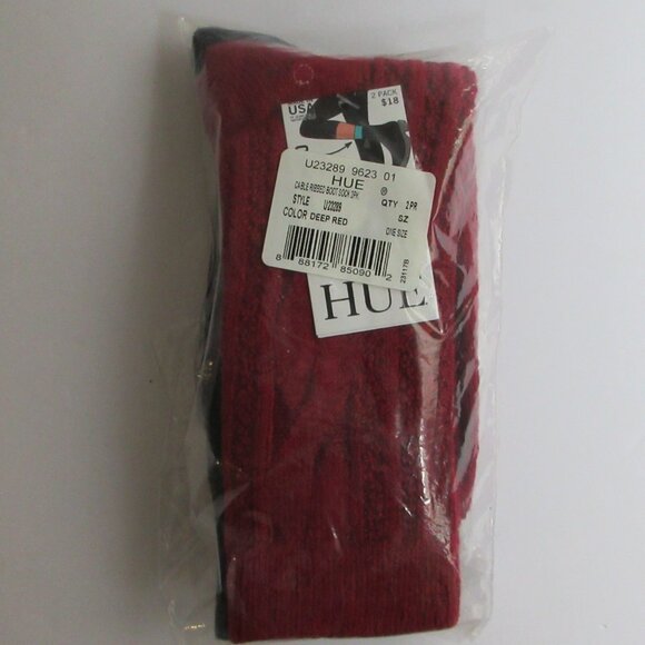 HUE Cable Ribbed Crew Length Boot Socks 2 Pack Black / Red One Size Made in USA - Picture 14 of 15